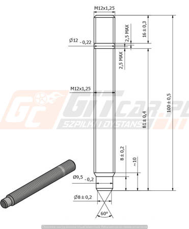 Kuta Szpilka wkręcana w piastę z pilotem M12x1,25x100mm